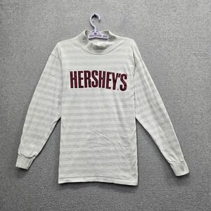 VINTAGE Hershey's Chocolate Men Shirt L Gray Striped USA 90s Logo READ